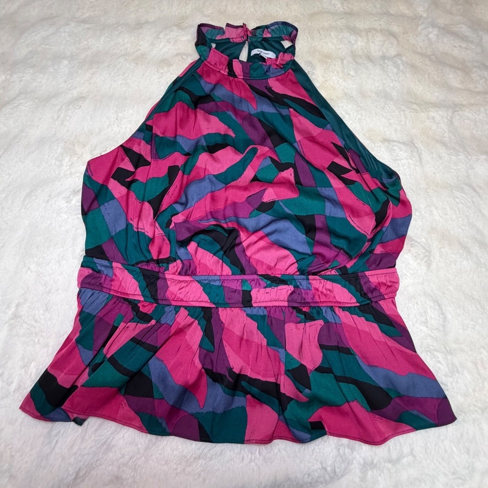 Nine‎ West Halter Neck Peplum Top XXL Pink Teal Abstract Geometric Sleeveless